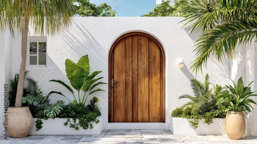 White house with a brown door and a large archway. The door is made of wood and has a green plant growing out of it. The house is surrounded by a lush garden with many plants, including palm trees