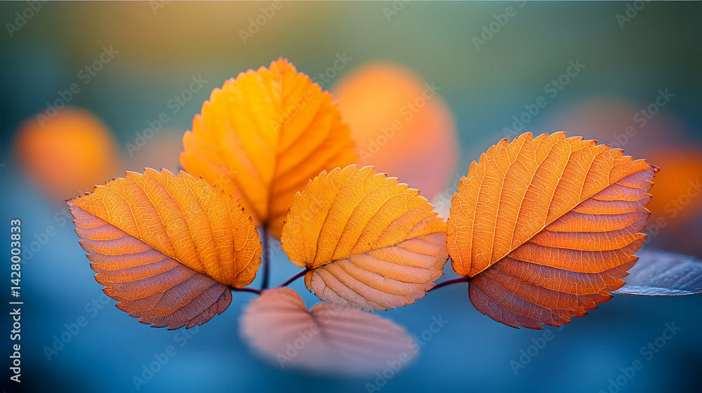Fototapeta premium Close-up of vibrant orange autumn leaves with intricate vein patterns against a blurred blue background