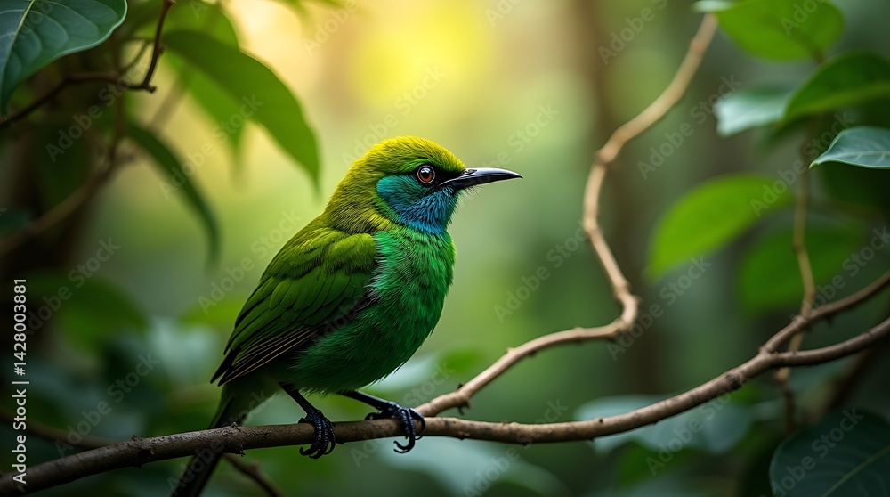 Green bird in misty forest scene Green bird in misty forest scene