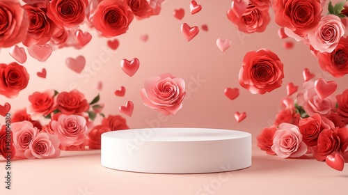 Pink podium with flowers and pearls for product presentation. Cosmetic background. Summer Flowers background. Valentine's Day or Women's Day. Happy Mother Day. Romantic floral frame. Copy space area