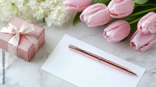 Valentine's Day or Women's Day concept. Balloons, flowers and gift boxes. Pink tulips and gift boxes. Happy Mother's Day. Pink Flowers background. Romantic design. Greeting cards. Copy space area