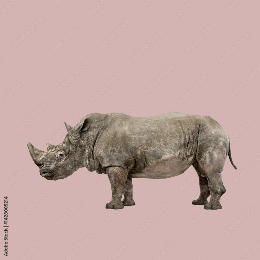 Fototapeta premium Powerful rhinoceros standing against a vibrant pink backdrop, showcasing its majestic presence and unique texture