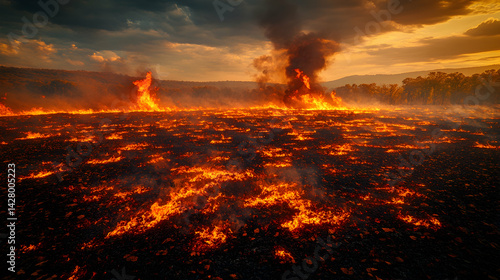 A field ablaze with fire with smoke rising into the sky and trees in the background under an orange sky