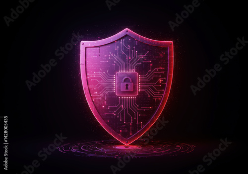An illuminated shield graphic featuring a circuit board design with a lock symbolizes digital protection.