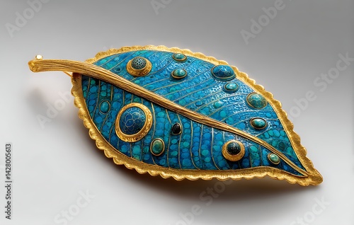 Blue Turquoise and Gold Leaf Pendant Jewelry