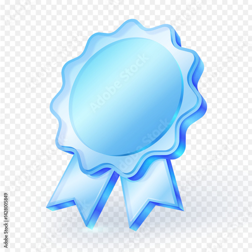 Award glossy blue glass 3d icon badge isolated on a transparent background. Perfect for certificates, achievements, honor, winner, and recognition design concepts. Vector illustration.