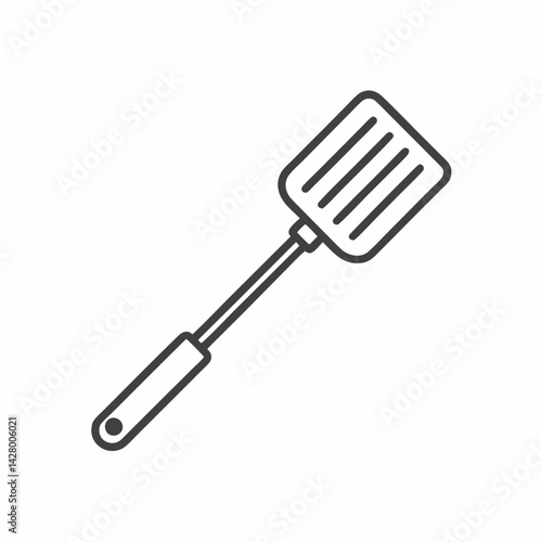 A minimalist line drawing of a cooking spatula with a long handle, perfect for kitchen utensils.