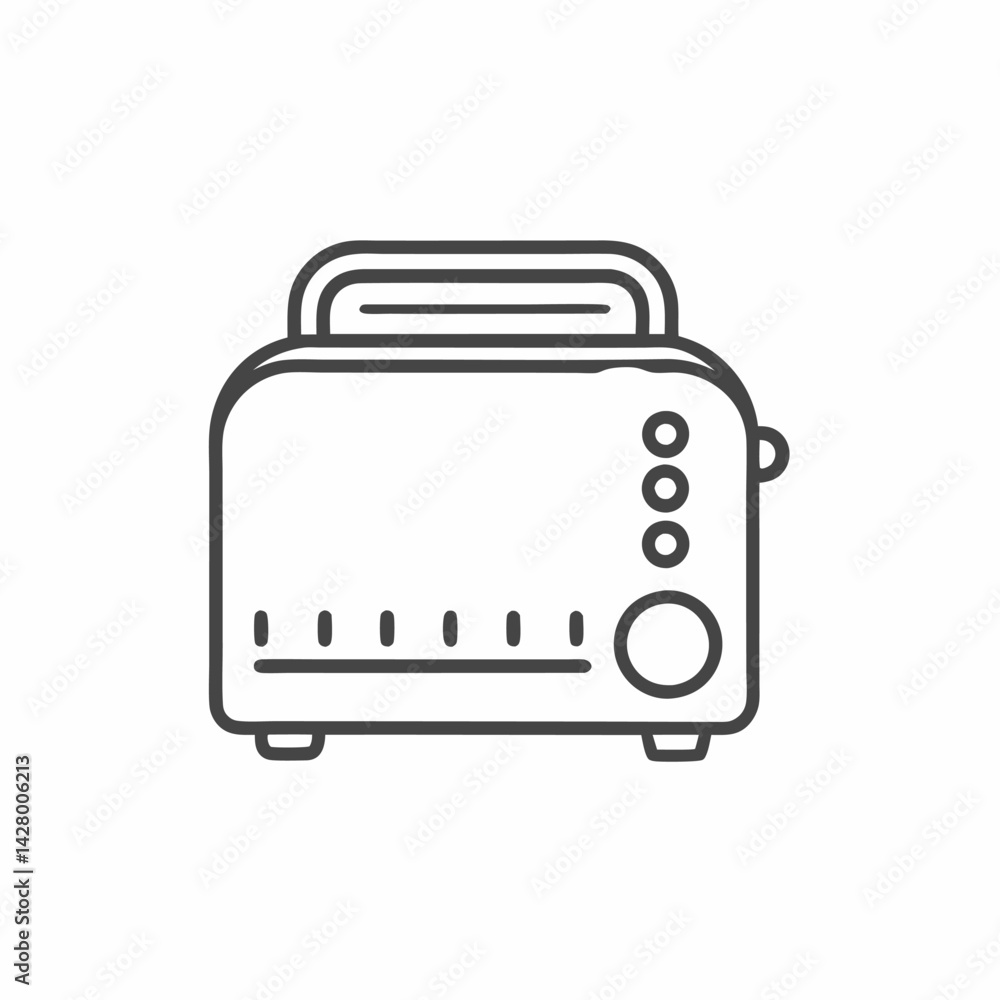 Illustration of a simple, modern toaster design in a minimalist style.