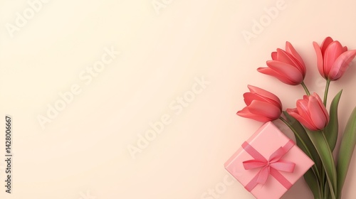 Valentine's Day or Women's Day concept. Balloons, flowers and gift boxes. Pink tulips and gift boxes. Happy Mother's Day. Pink Flowers background. Romantic design. Greeting cards. Copy space area