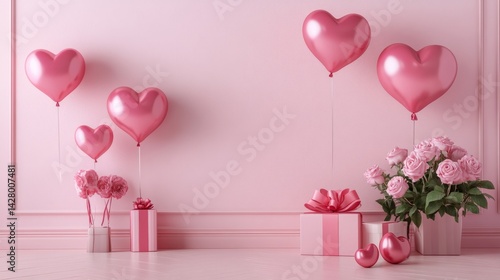 Valentine's Day or Women's Day concept. Balloons, flowers and gift boxes. Pink tulips and gift boxes. Happy Mother's Day. Pink Flowers background. Romantic design. Greeting cards. Copy space area