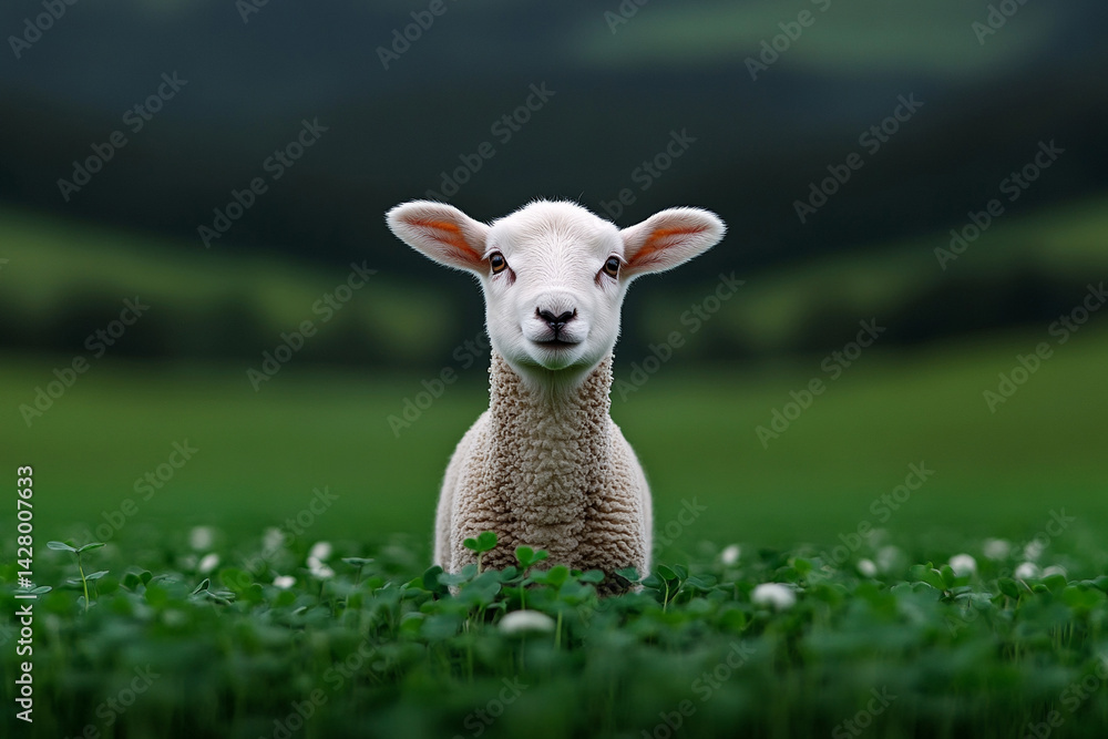 Lamb hopping through field of clover, full of life Lamb hopping through field of clover, full of life