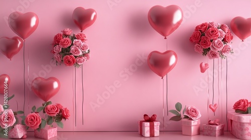 Valentine's Day or Women's Day concept. Balloons, flowers and gift boxes. Pink tulips and gift boxes. Happy Mother's Day. Pink Flowers background. Romantic design. Greeting cards. Copy space area