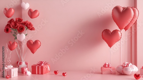 Valentine's Day or Women's Day concept. Balloons, flowers and gift boxes. Pink tulips and gift boxes. Happy Mother's Day. Pink Flowers background. Romantic design. Greeting cards. Copy space area