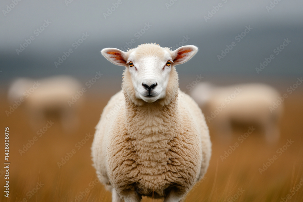 Fototapeta premium Sheep walking under rainbow after rain, vibrant countryside 