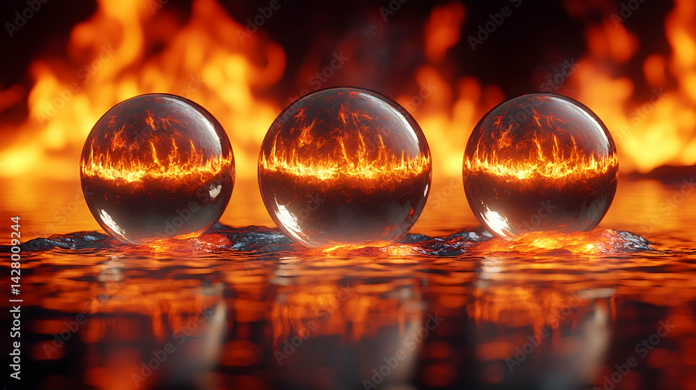 Three fiery orbs rest on rippling molten surface with flames flickering in the background Three fiery orbs rest on rippling molten surface with flames flickering in the background