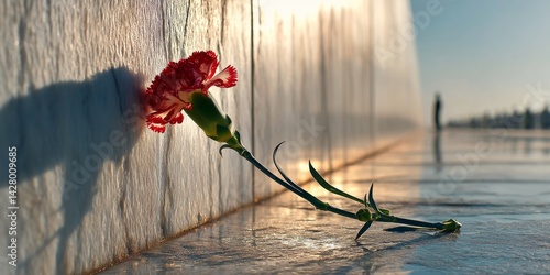 Red carnation lying on memorial wall commemorating end of world war ii