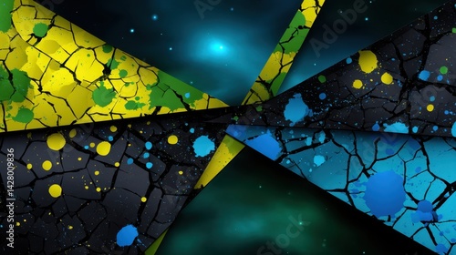 Abstract Cosmic Art with Cracked Surface Patterns and Splattered Paint in Blue, Green, and Black Tones