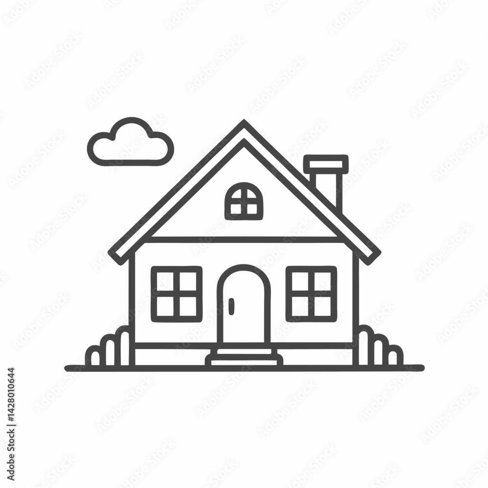 Fototapeta premium Illustration of a cozy house with a simple design, surrounded by grass and a cloud in a clear sky.