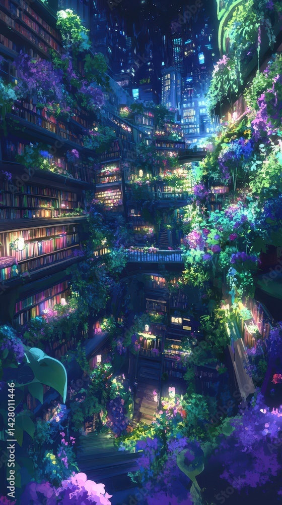 Obraz premium A vibrant, surreal cityscape of towering, botanical structures at night.