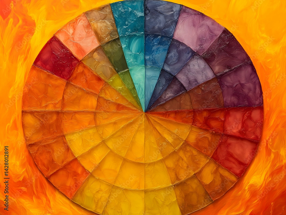 Fototapeta premium Circular mosaic pattern of color gradients on a vibrant orange background