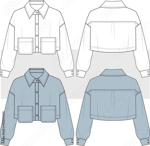 Women's cropped shirt with pocket, blouse. flat sketch technical drawing, fashion illustration, vector. Long sleeve shirt front and back view. Cad, Mockup.