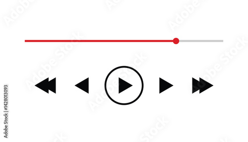 Audio or video player loading bars with time slider. rewind and fast forward buttons. media player playback panel interface. play and pause button