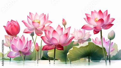 many pink lotus white background drawing abstract decorative painting