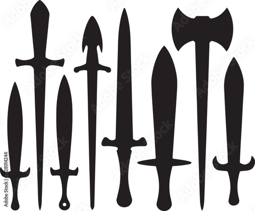 Medieval Weapon Silhouettes Vector Set or Black Icons of Swords, Axes, and Daggers on White Background