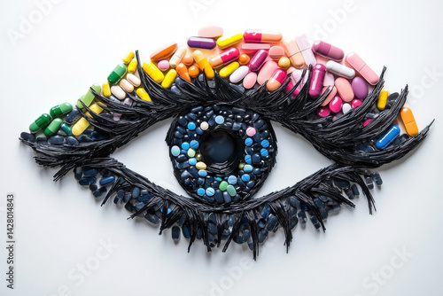 Creative eye design made from colorful pills and capsules, symbolizing healthcare and pharmaceutical innovation, vibrant and artistic concept