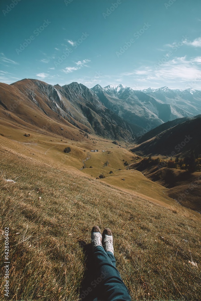 Fototapeta premium Scenic mountain landscape with a person relaxing on the grass, surrounded by majestic peaks and valleys