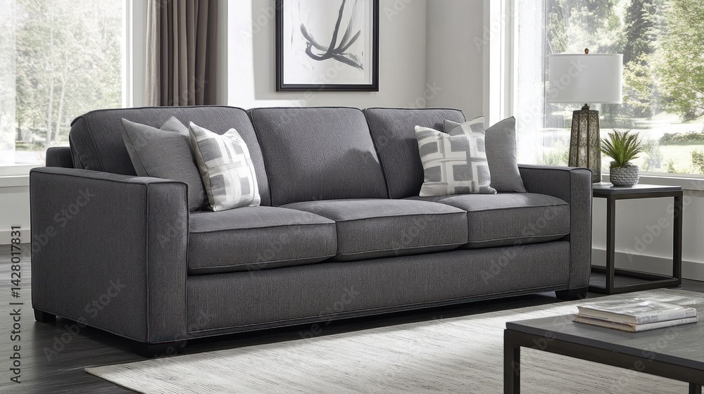 Fototapeta premium Gray fabric sofa with patterned throw pillows in a modern living room.