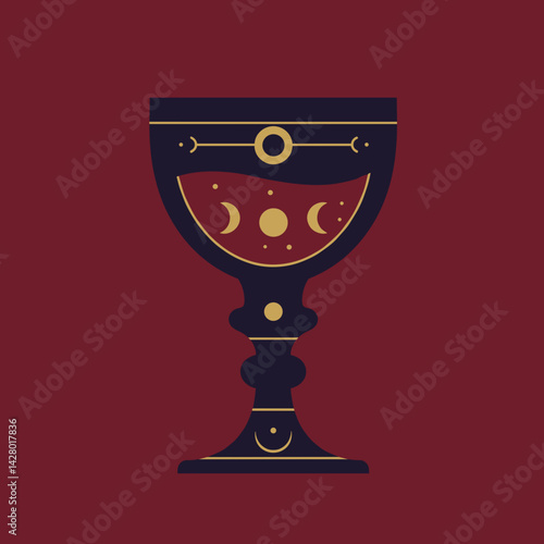 Artistic chalice with moon phases on a burgundy background  Magic ritual