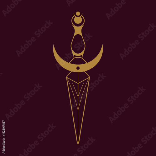 Decorative golden dagger illustration on a deep maroon background  Magic ritual