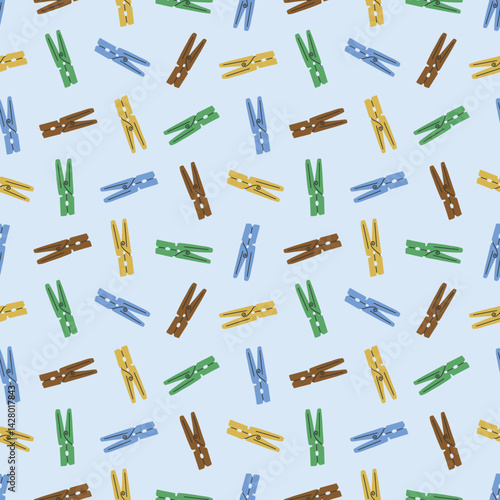 Colorful Clothespins on Pastel Blue Seamless Pattern Design