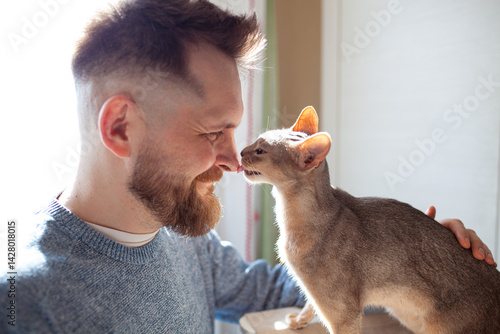 Cheerful photo of smiling bearded man and abyssinian cat licking owner's nose. Love relationship, friendship between human and cat. Pets care.  Selective focus.
