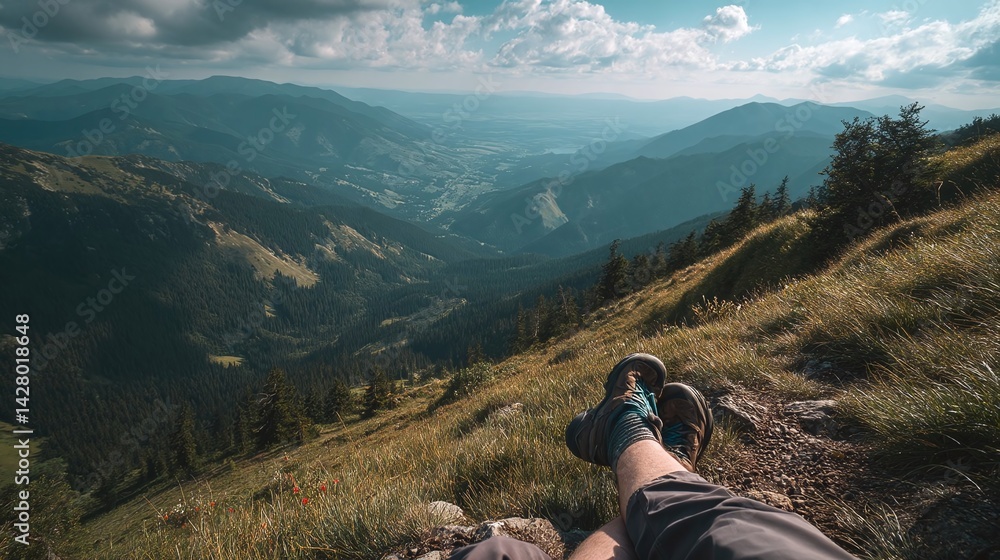 Fototapeta premium Scenic mountain view with a person relaxing on a grassy slope, surrounded by lush valleys and distant peaks