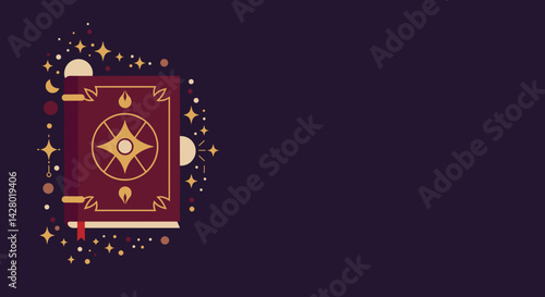 Magical book illustration with celestial elements on dark background  Magic ritual