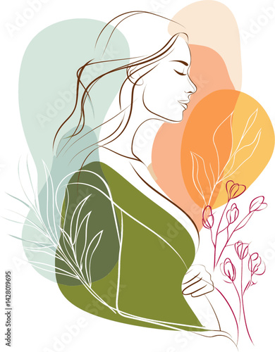 Elegant Line Art of a Pregnant Woman – Minimalist Abstract Female Portrait with Flowers

