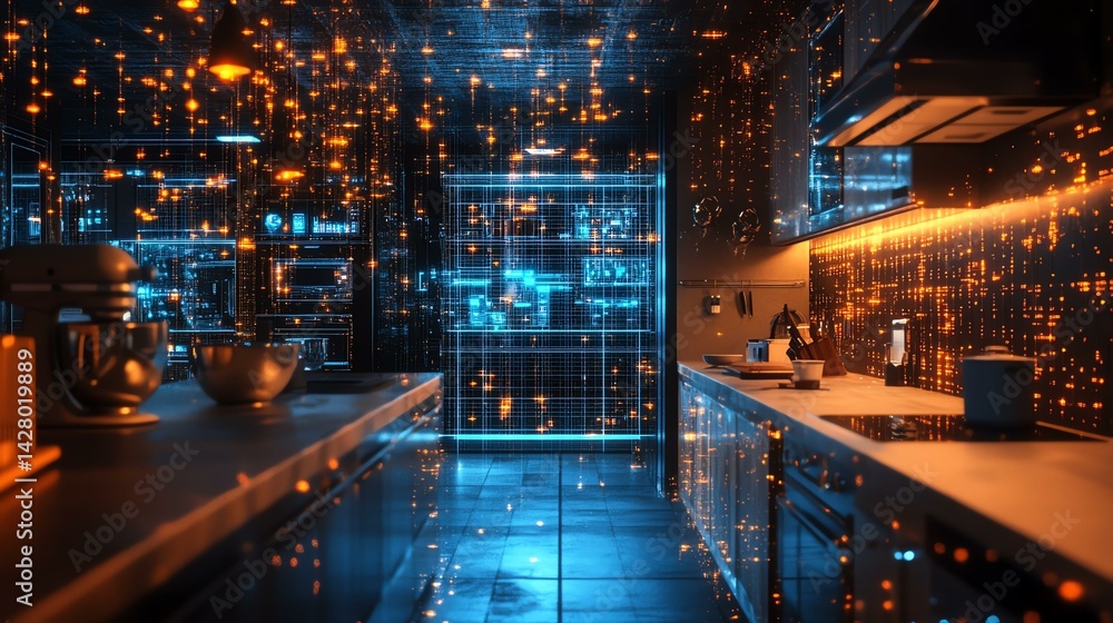 A high-tech kitchen with illuminated surfaces and futuristic design creating a vibrant, modern atmosphere. A high-tech kitchen with illuminated surfaces and futuristic design creating a vibrant, modern atmosphere.