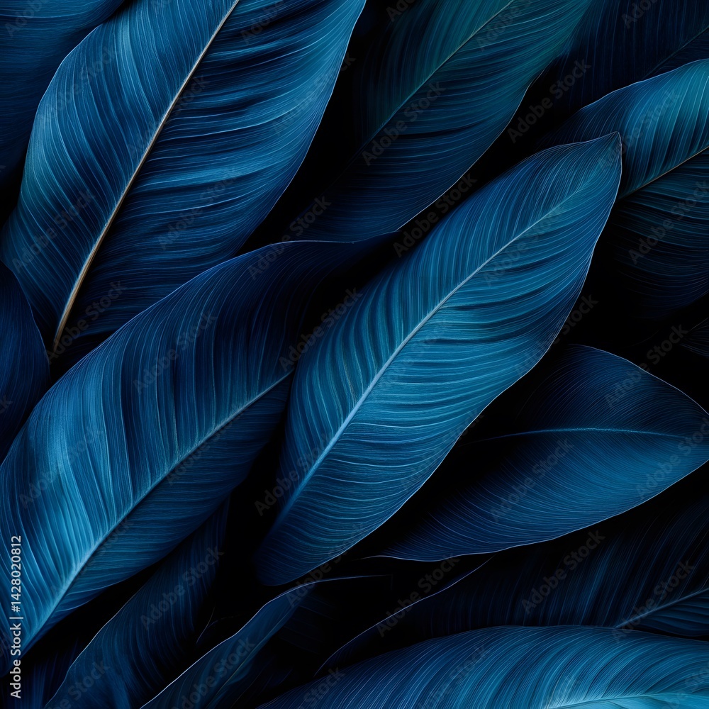 Fototapeta premium Dark Blue Tropical Leaves Background Texture Lush Greenery