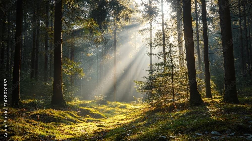 Fototapeta premium Sunlight streams through a misty coniferous forest.