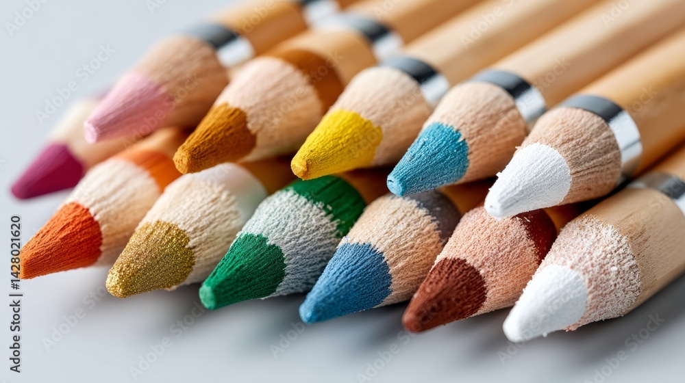 Collection of colored pencils, including gold tipped ones, are arranged in a row on a white surface. The pencils come in various colors, creating a visually appealing display Collection of colored pencils, including gold tipped ones, are arranged in a row on a white surface. The pencils come in various colors, creating a visually appealing display