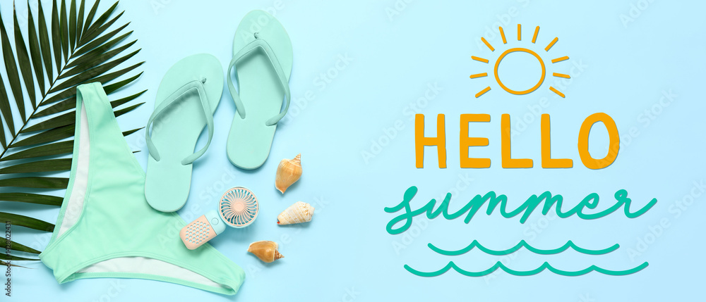 Naklejka premium Flip flops with swimsuit, tropical leaf, seashells and portable electric fan on blue background