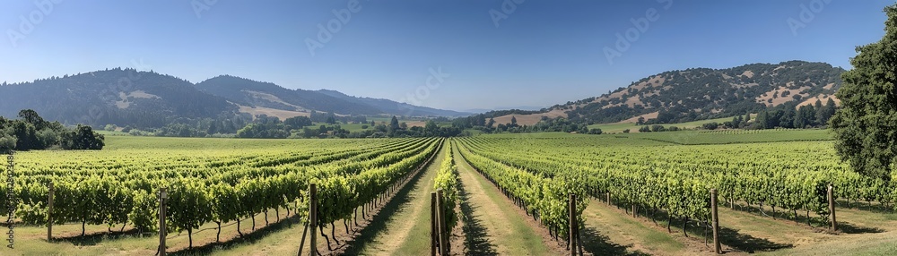 Panoramic view of a tranquil vineyard with rows of lush grapevines stretching towards the horizon set against a backdrop of rolling hills and a picturesque countryside landscape Panoramic view of a tranquil vineyard with rows of lush grapevines stretching towards the horizon set against a backdrop of rolling hills and a picturesque countryside landscape