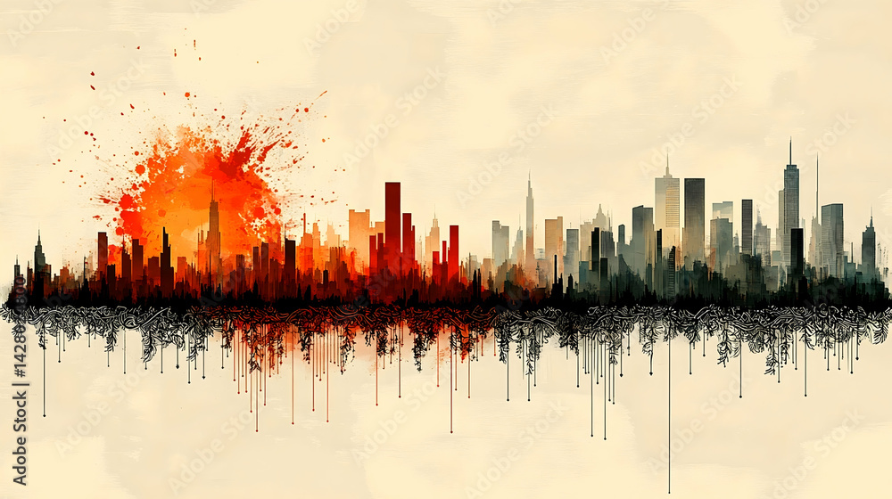 Naklejka premium Stylized skyline cityscape with an explosion of color on one end and a blend into monochrome on the other side