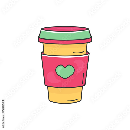 Doodle take away coffee  Hand-drawn Takeaway Drink in Bright Colors. Isolated on white background. For cafe branding, food stickers, morning routine illustrations, and urban lifestyle designs.