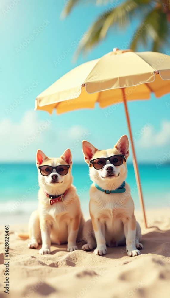 Two dogs in sunglasses with an umbrella on the beach.