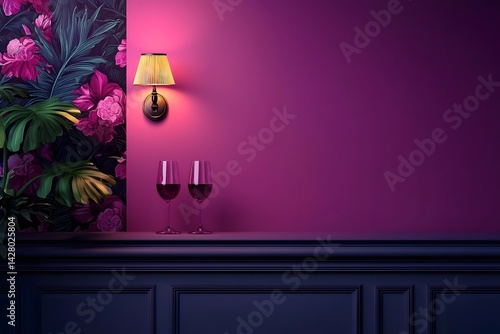 Luxurious velvet lined fine dining booth with dim atmospheric lighting and elegantly set wine glasses creating a sophisticated and cozy ambiance for an upscale restaurant or lounge