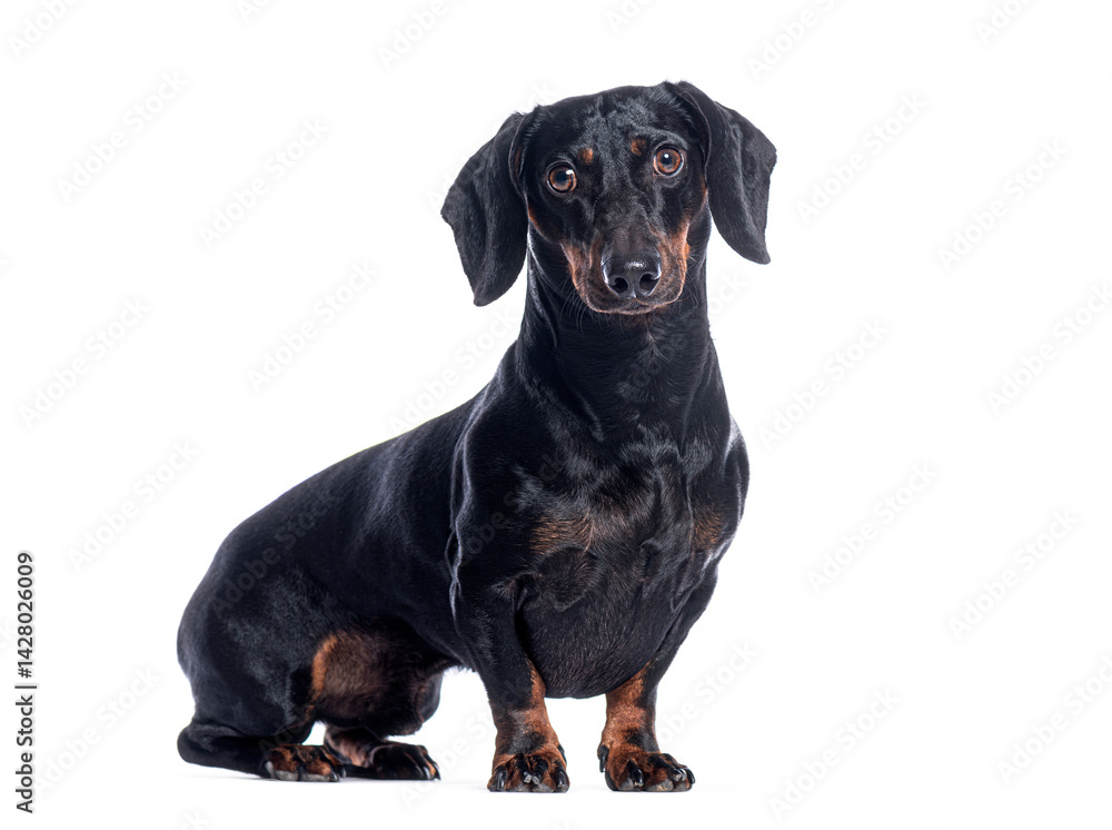 Black and tan dachshund sitting and looking forward on white background Black and tan dachshund sitting and looking forward on white background