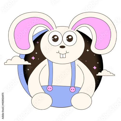 Modern 3d art with Whimsical Bunny in porthole. Cut out paper style art perfect t-shirt print copybook cover template design. EPS